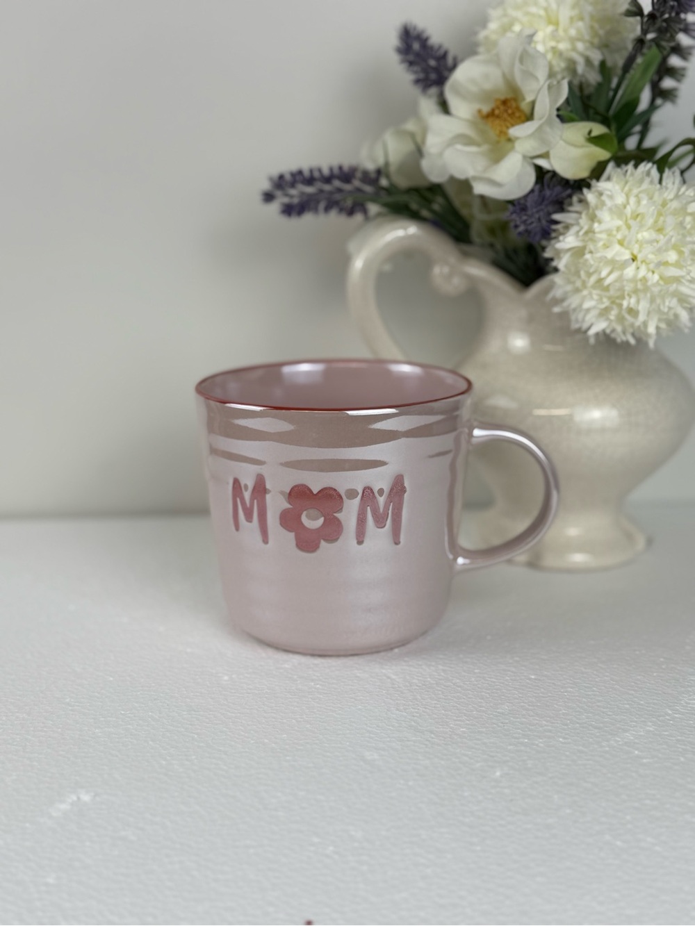 Pink 'MOM' Ceramic Mug with Floral Accent
